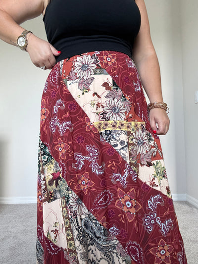 Ellis Mixed Print Maxi Skirt | Burgandy