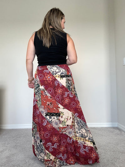 Ellis Mixed Print Maxi Skirt | Burgandy