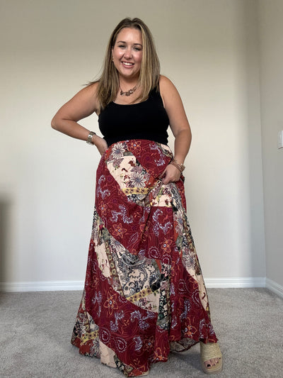 Ellis Mixed Print Maxi Skirt | Burgandy