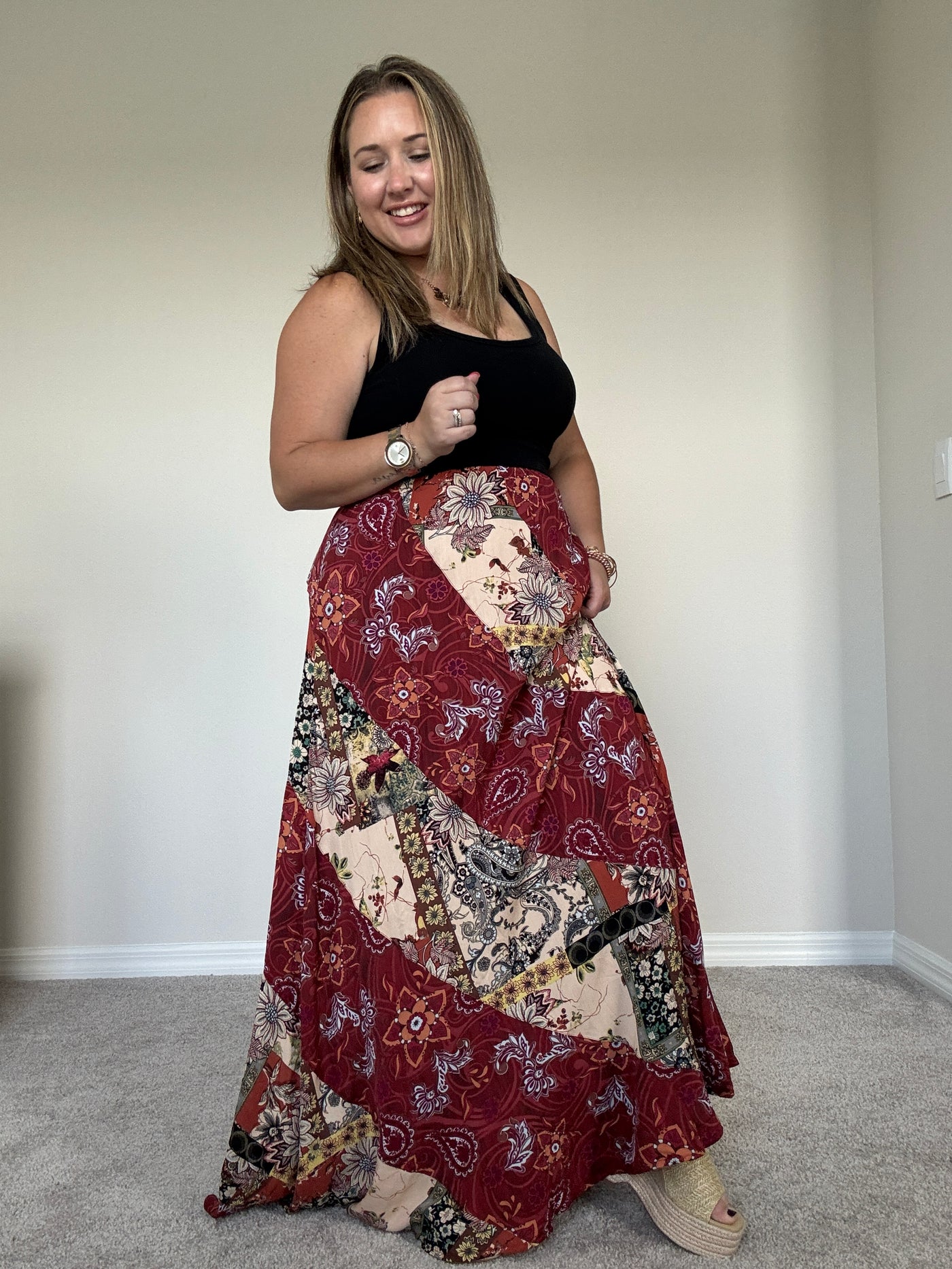 Ellis Mixed Print Maxi Skirt | Burgandy