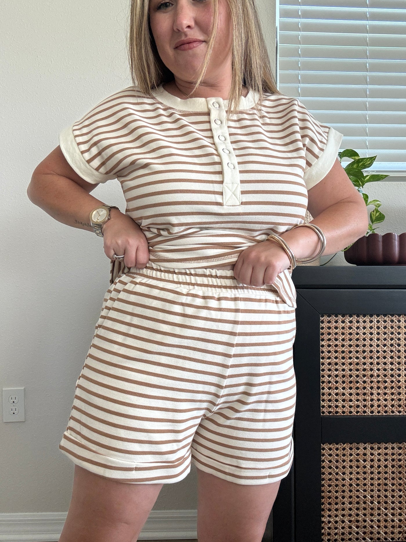 Stripe Knit Mini Shorts | Beige