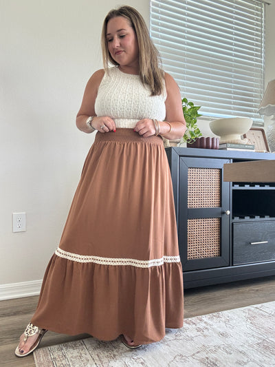 Dylan Smocked Waist Midi Skirt | Brown