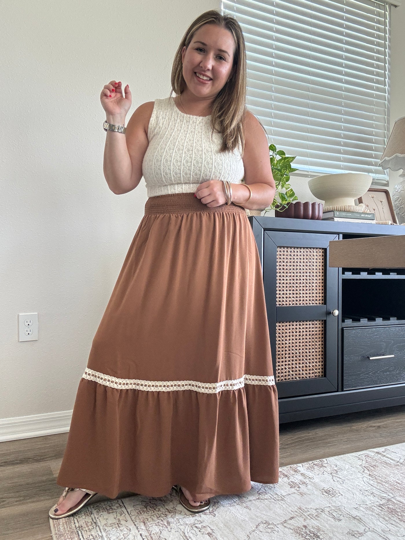 Dylan Smocked Waist Midi Skirt | Brown