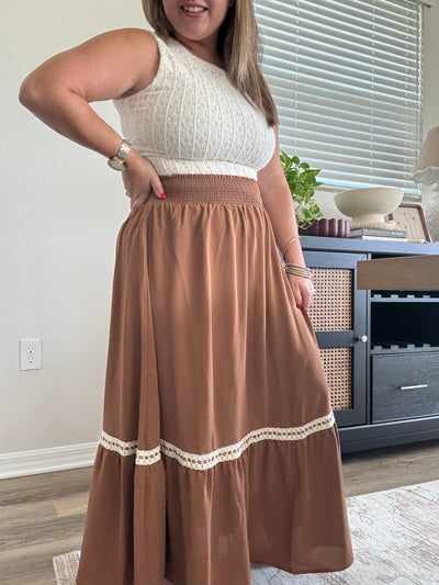 Dylan Smocked Waist Midi Skirt | Brown