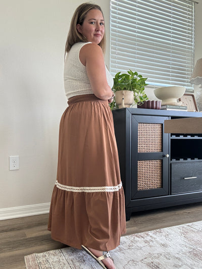 Dylan Smocked Waist Midi Skirt | Brown