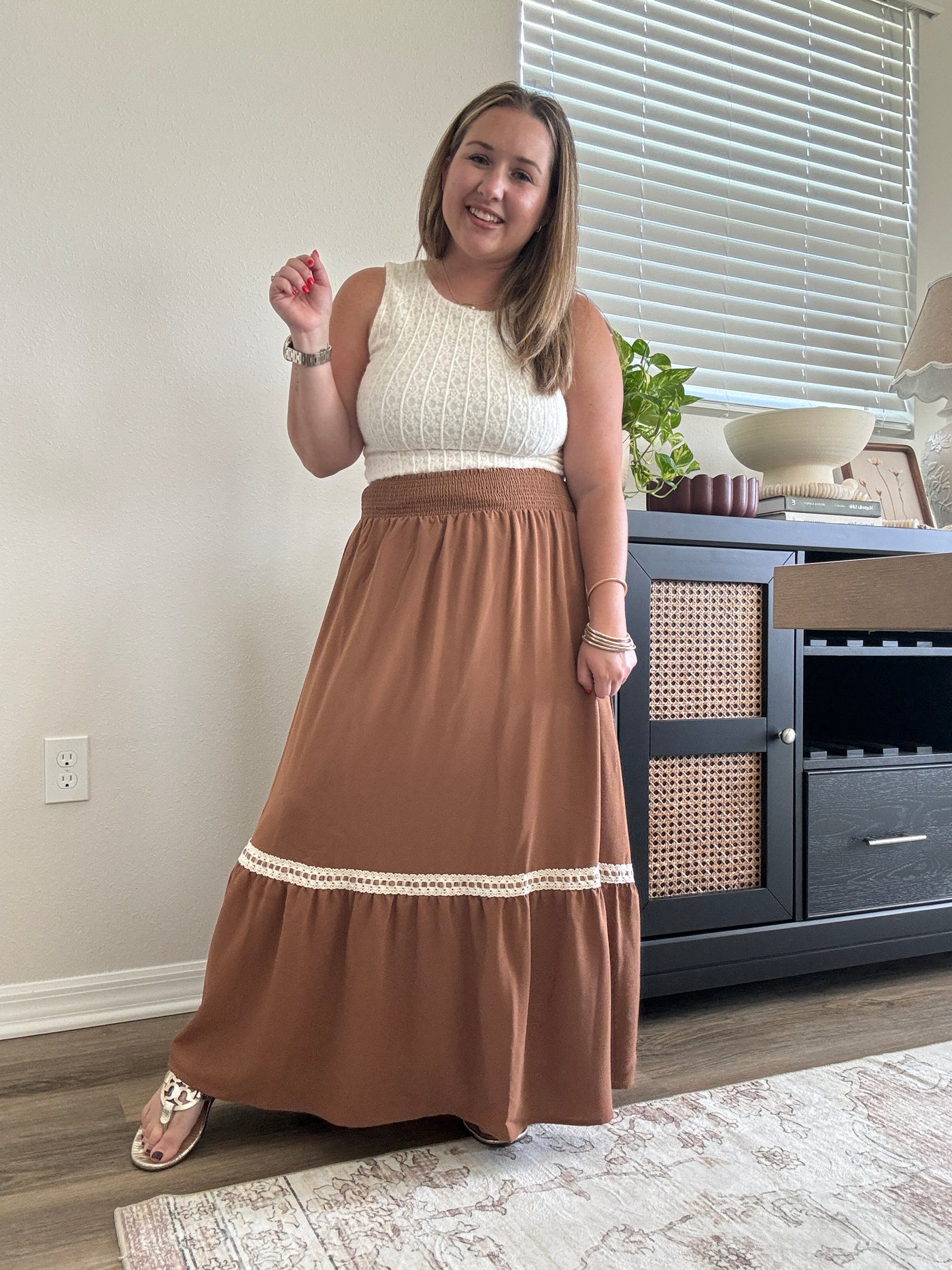 Dylan Smocked Waist Midi Skirt | Brown