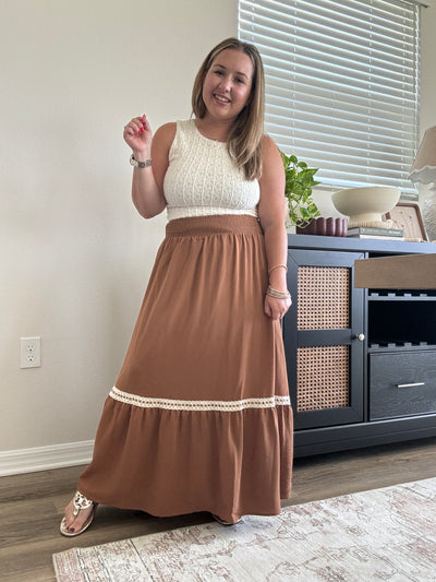 Dylan Smocked Waist Midi Skirt | Brown