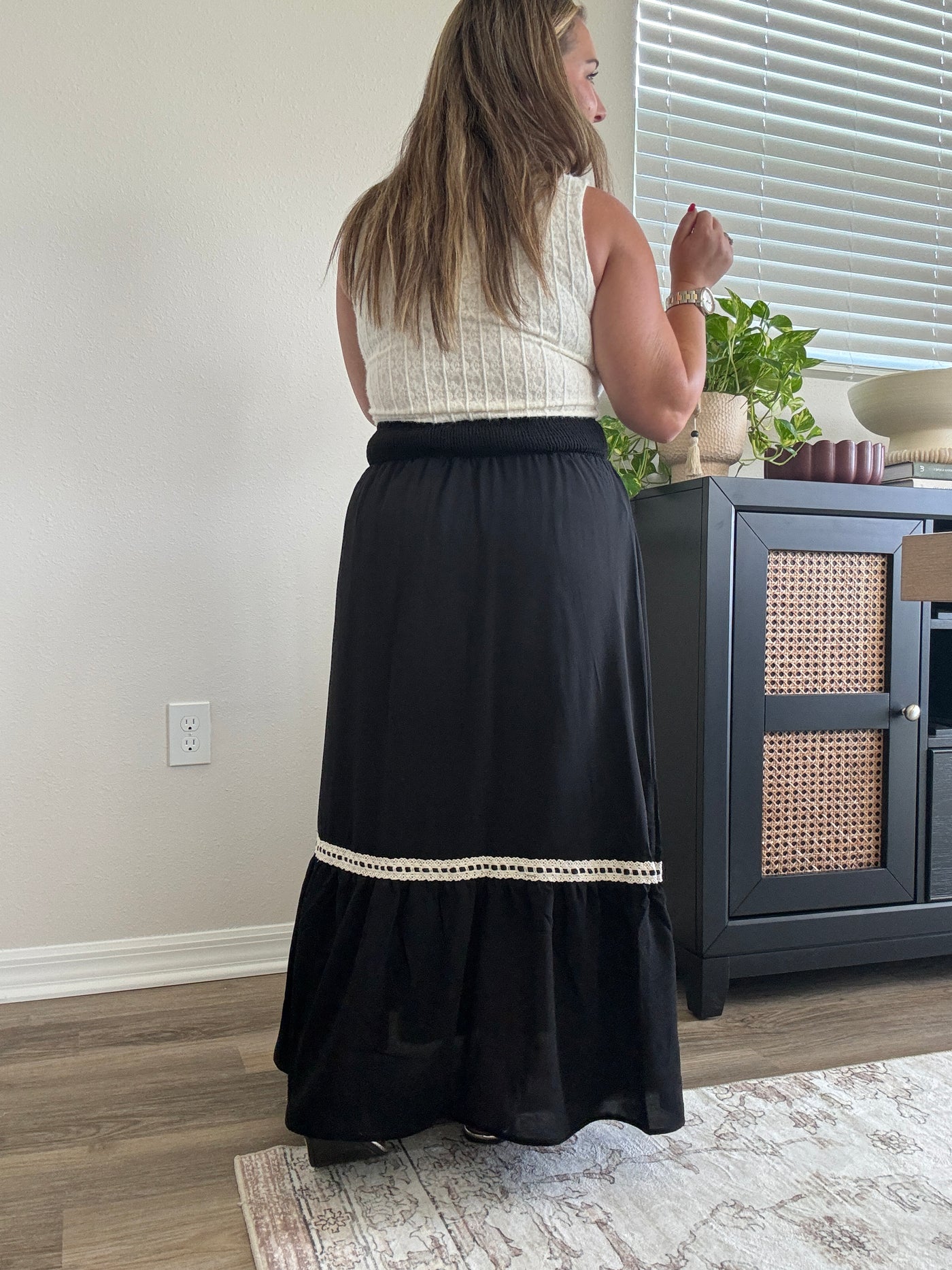 Dylan Smocked Waist Midi Skirt | Black