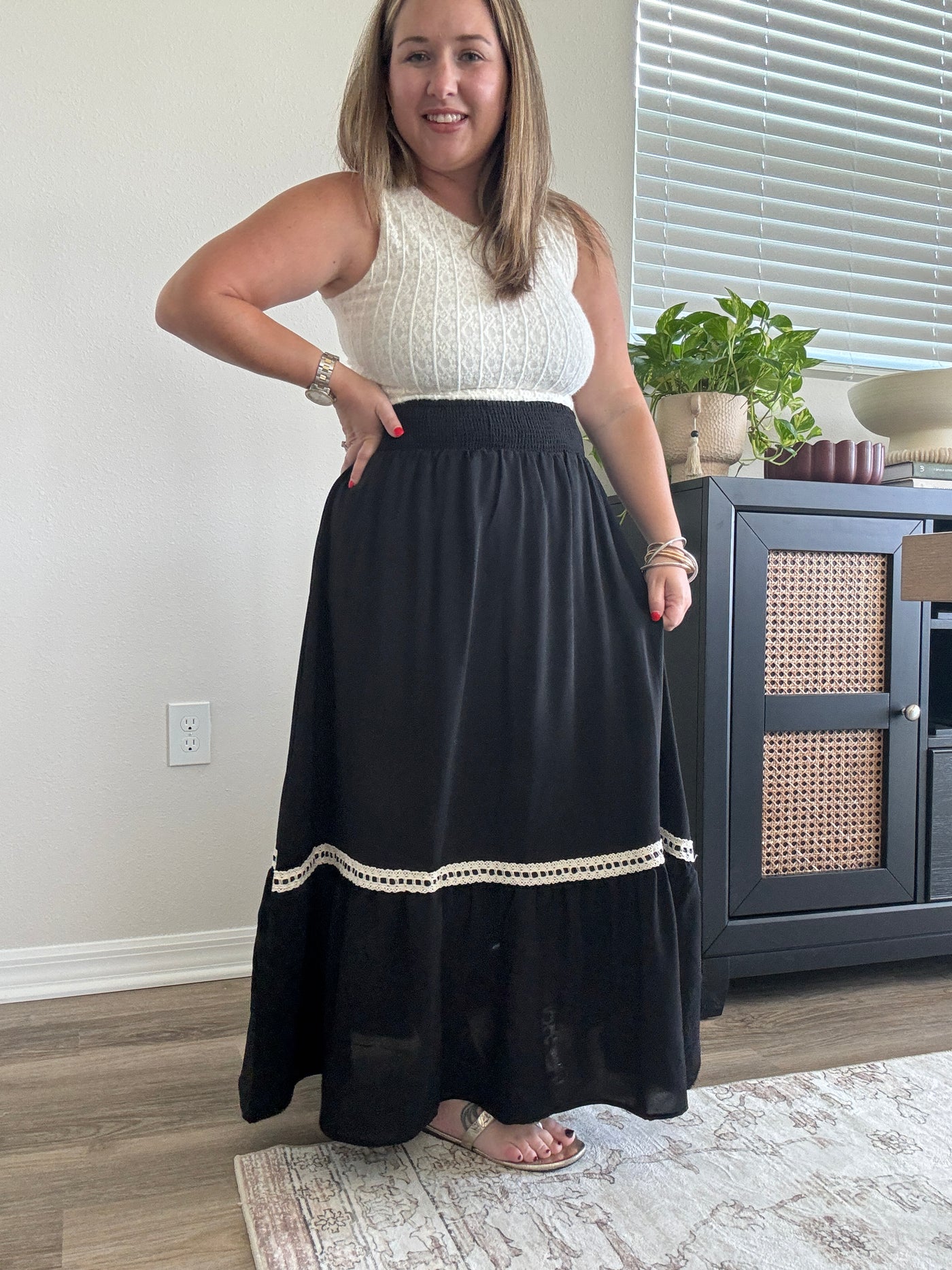 Dylan Smocked Waist Midi Skirt | Black