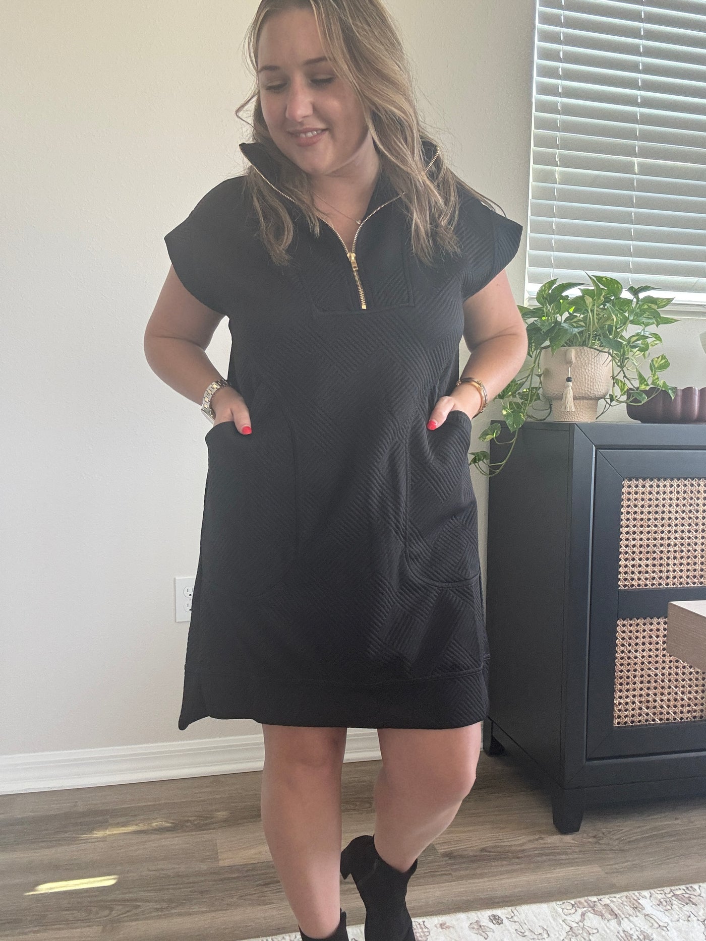 Textured Knit Quarter Zipper Dress