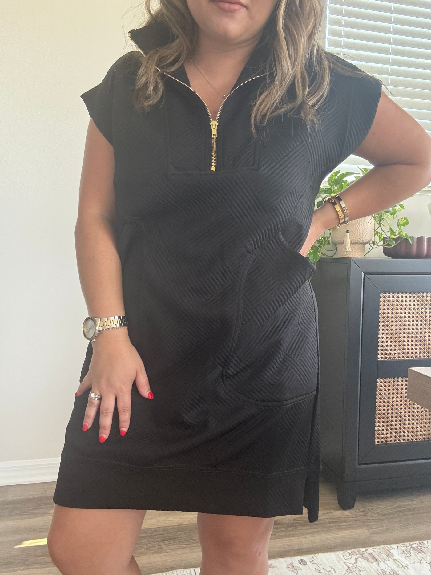 Textured Knit Quarter Zipper Dress