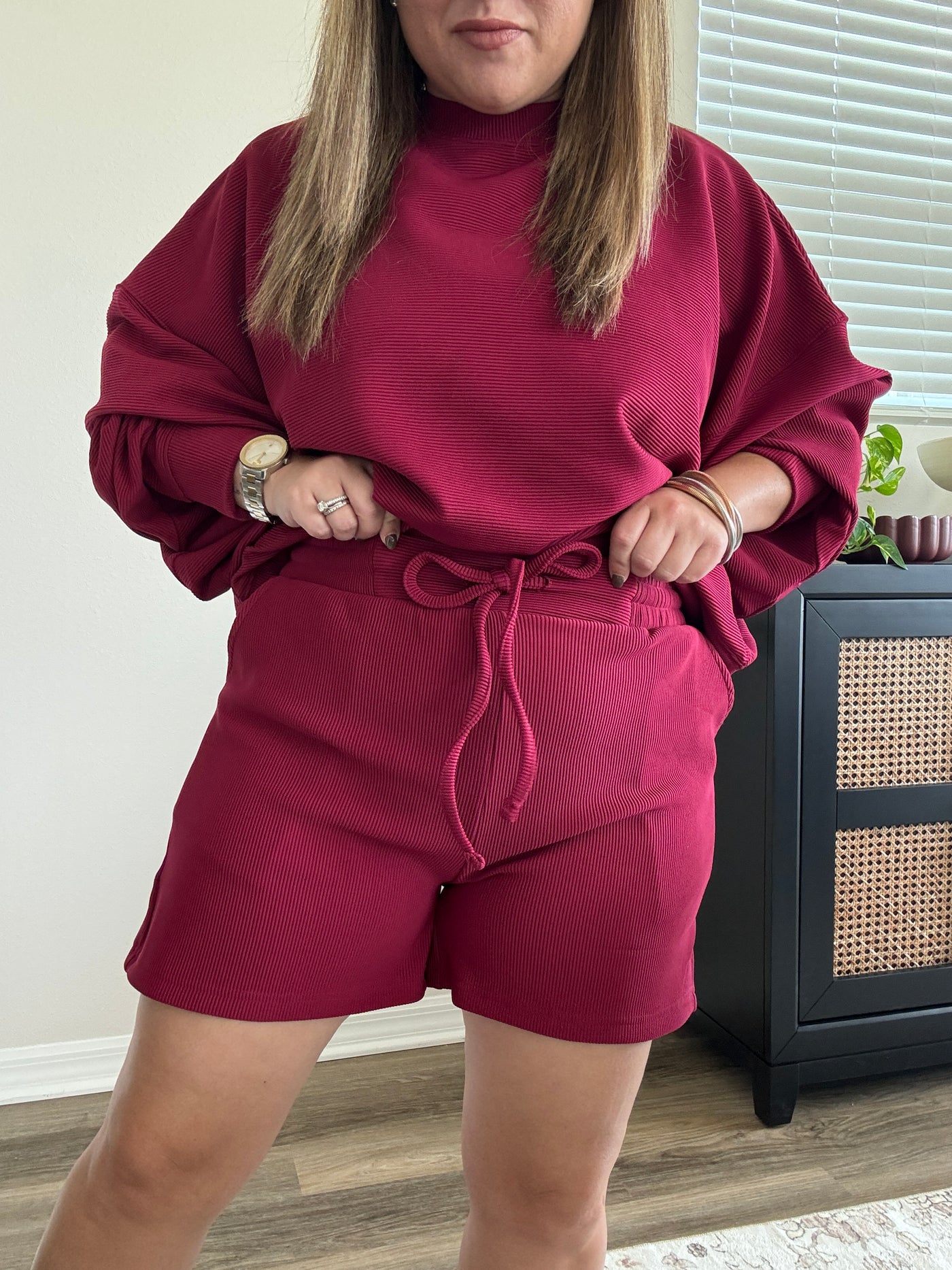 Ribbed Drawstring Shorts | Cabernet