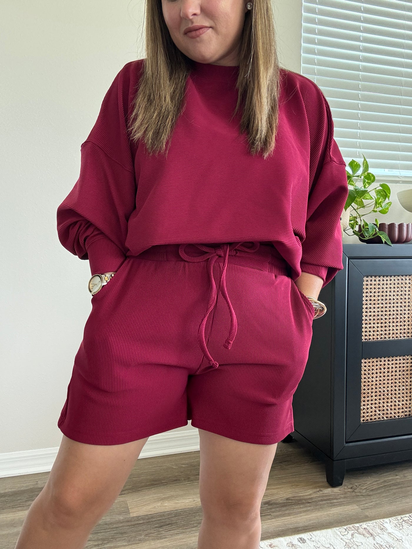 Ribbed Drawstring Shorts | Cabernet