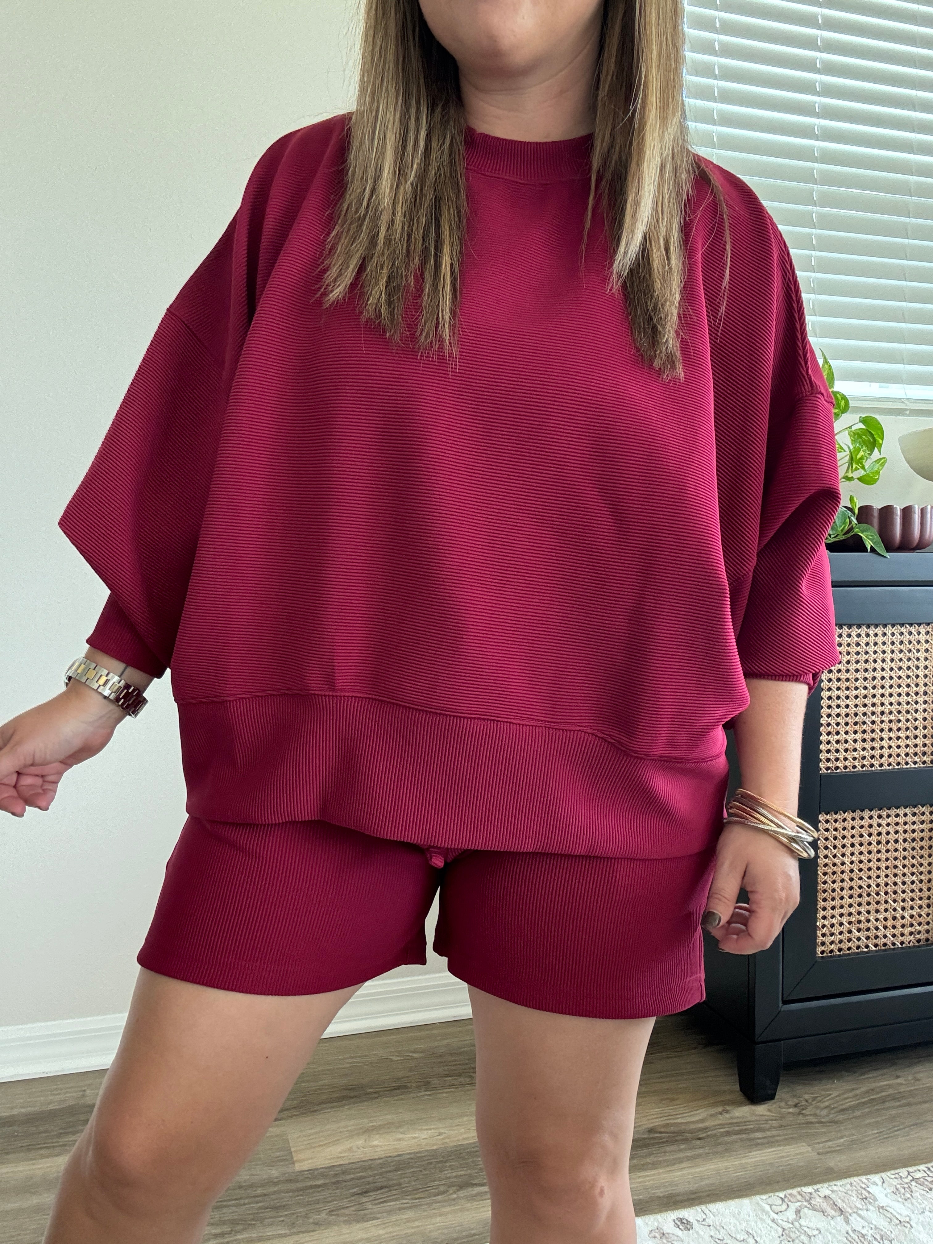 Ribbed Drawstring Shorts | Cabernet