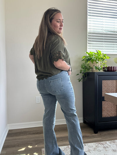 Side Slit Distressed Bootcut Stretch Denim