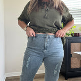 Side Slit Distressed Bootcut Stretch Denim