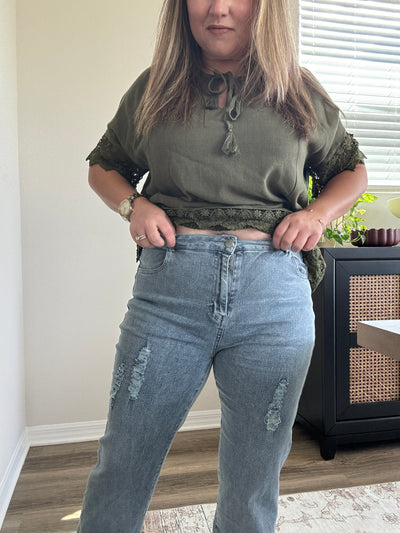 Side Slit Distressed Bootcut Stretch Denim