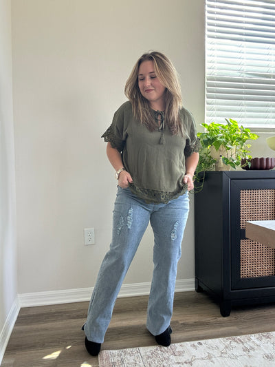 Side Slit Distressed Bootcut Stretch Denim