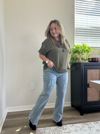 Side Slit Distressed Bootcut Stretch Denim