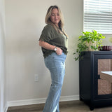 Side Slit Distressed Bootcut Stretch Denim