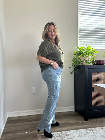 Side Slit Distressed Bootcut Stretch Denim