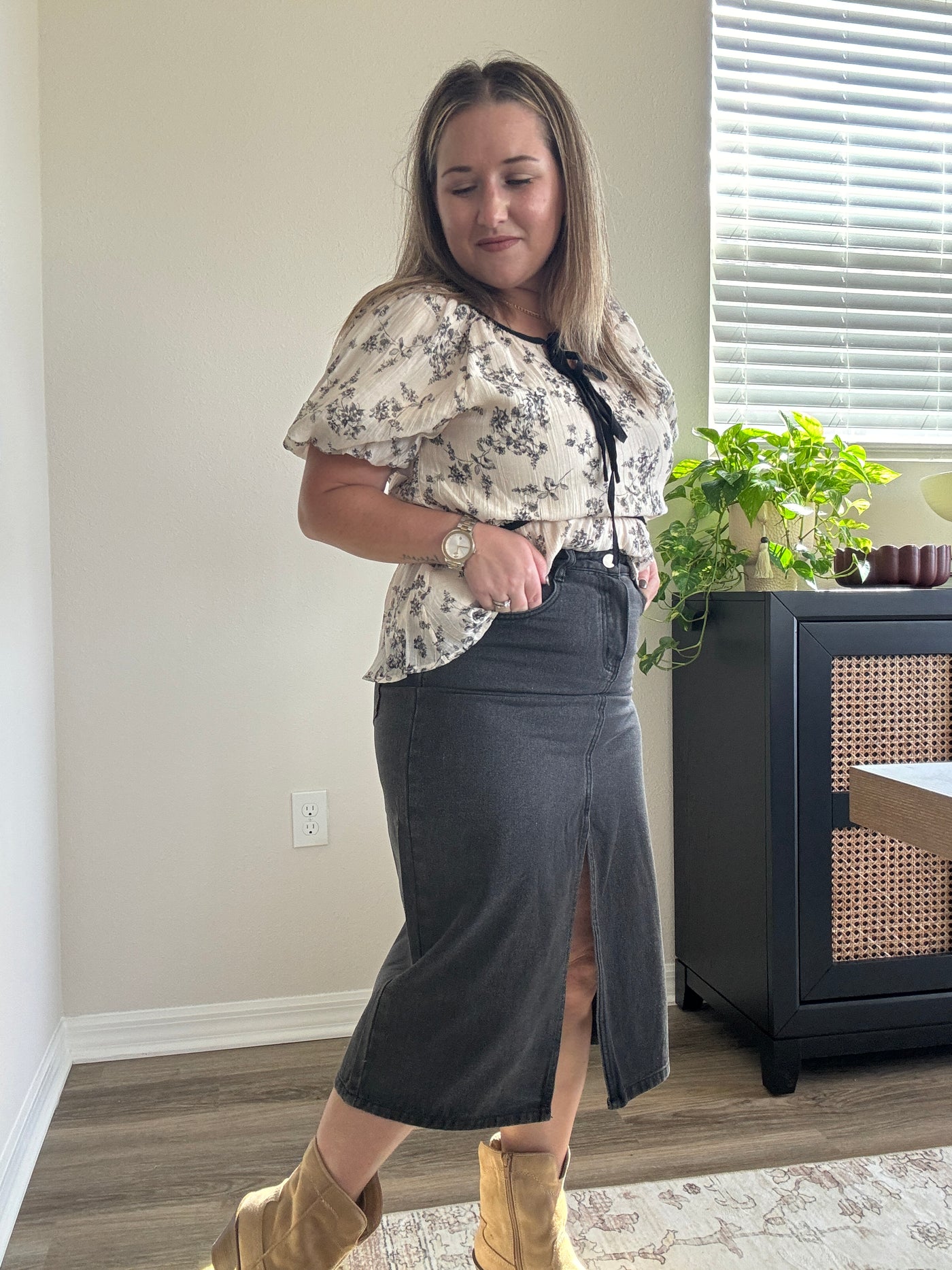 Denim Midi Pencil Skirt