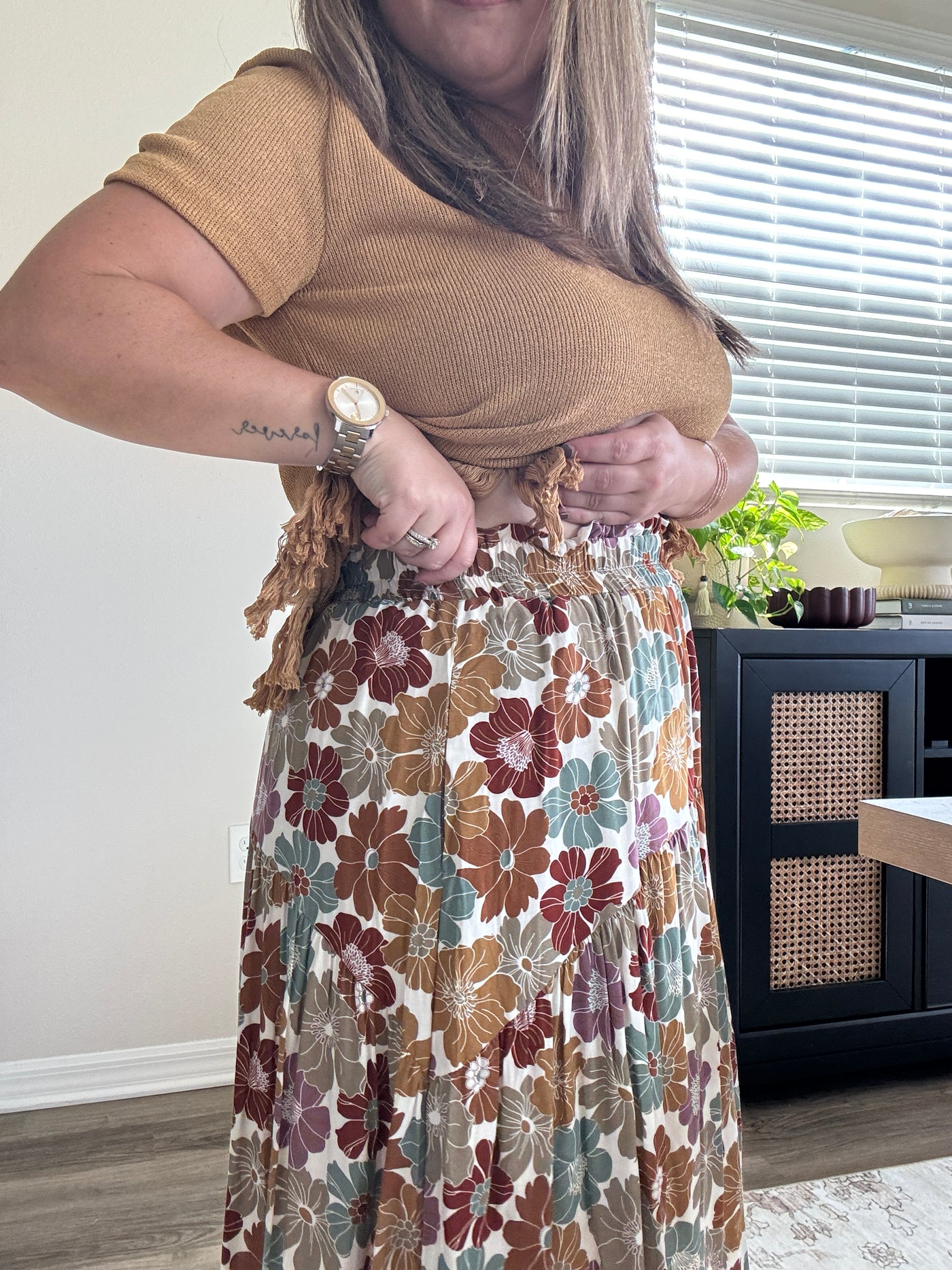 Floral Midi Skirt Elastic Waist