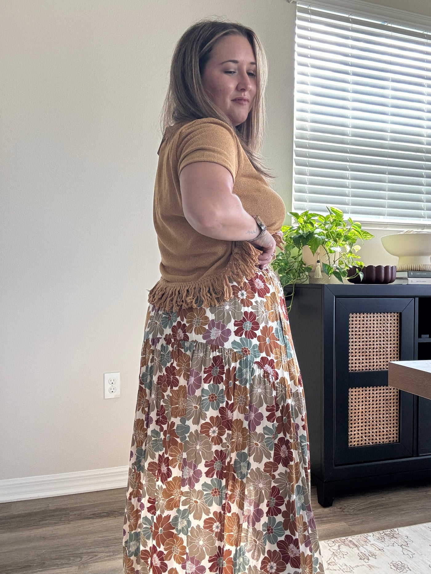 Floral Midi Skirt Elastic Waist