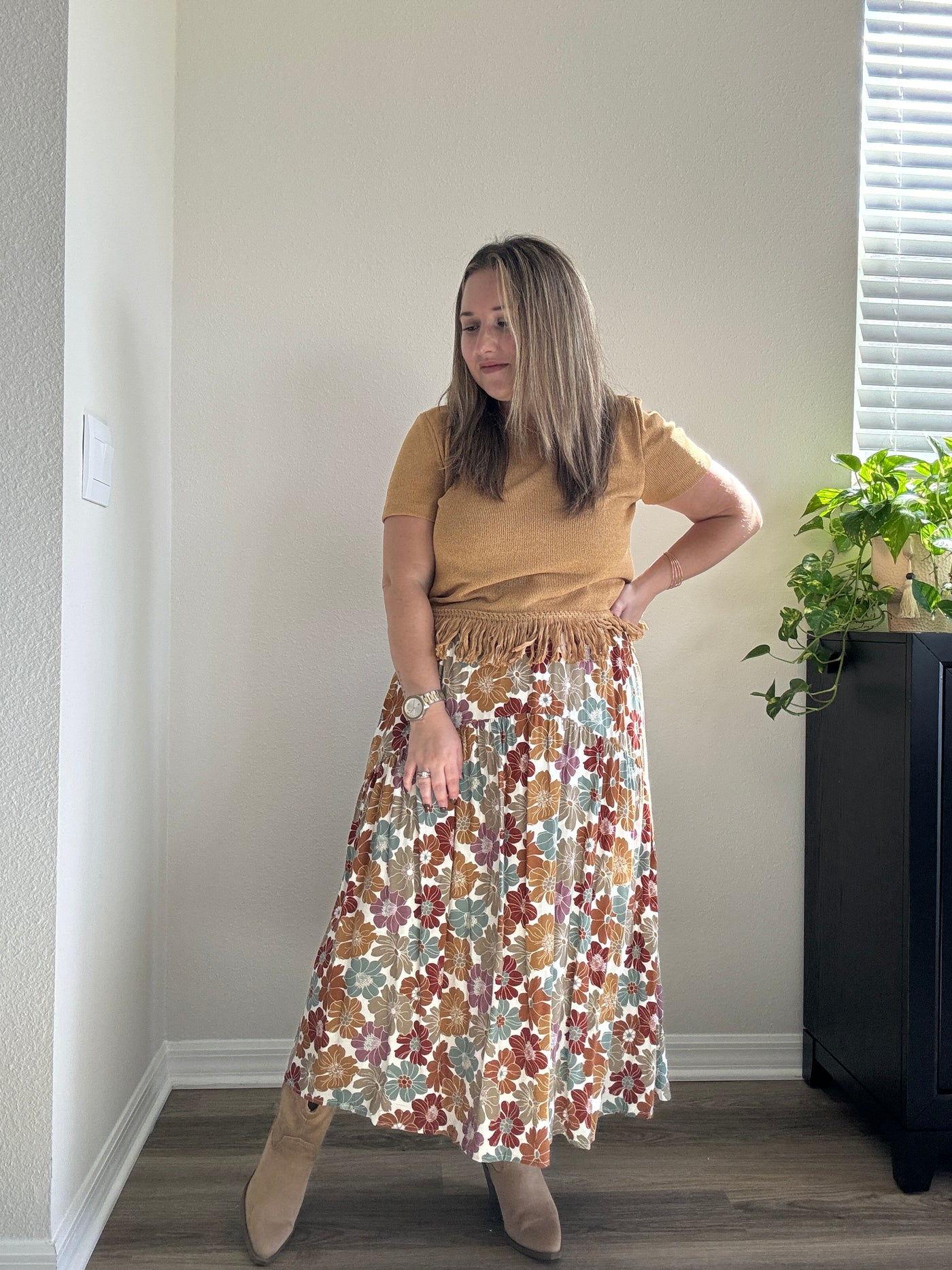 Floral Midi Skirt Elastic Waist