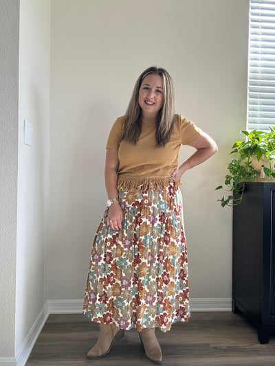 Floral Midi Skirt Elastic Waist