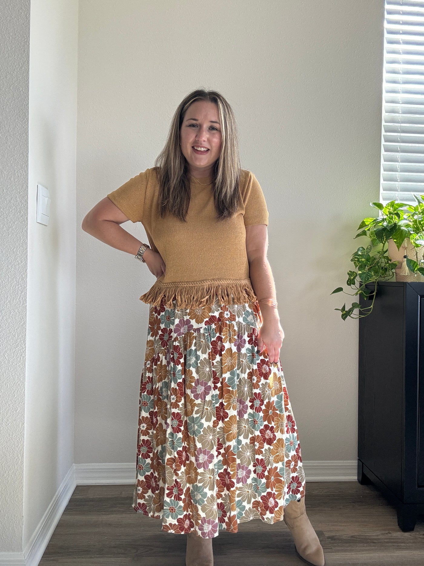 Floral Midi Skirt Elastic Waist
