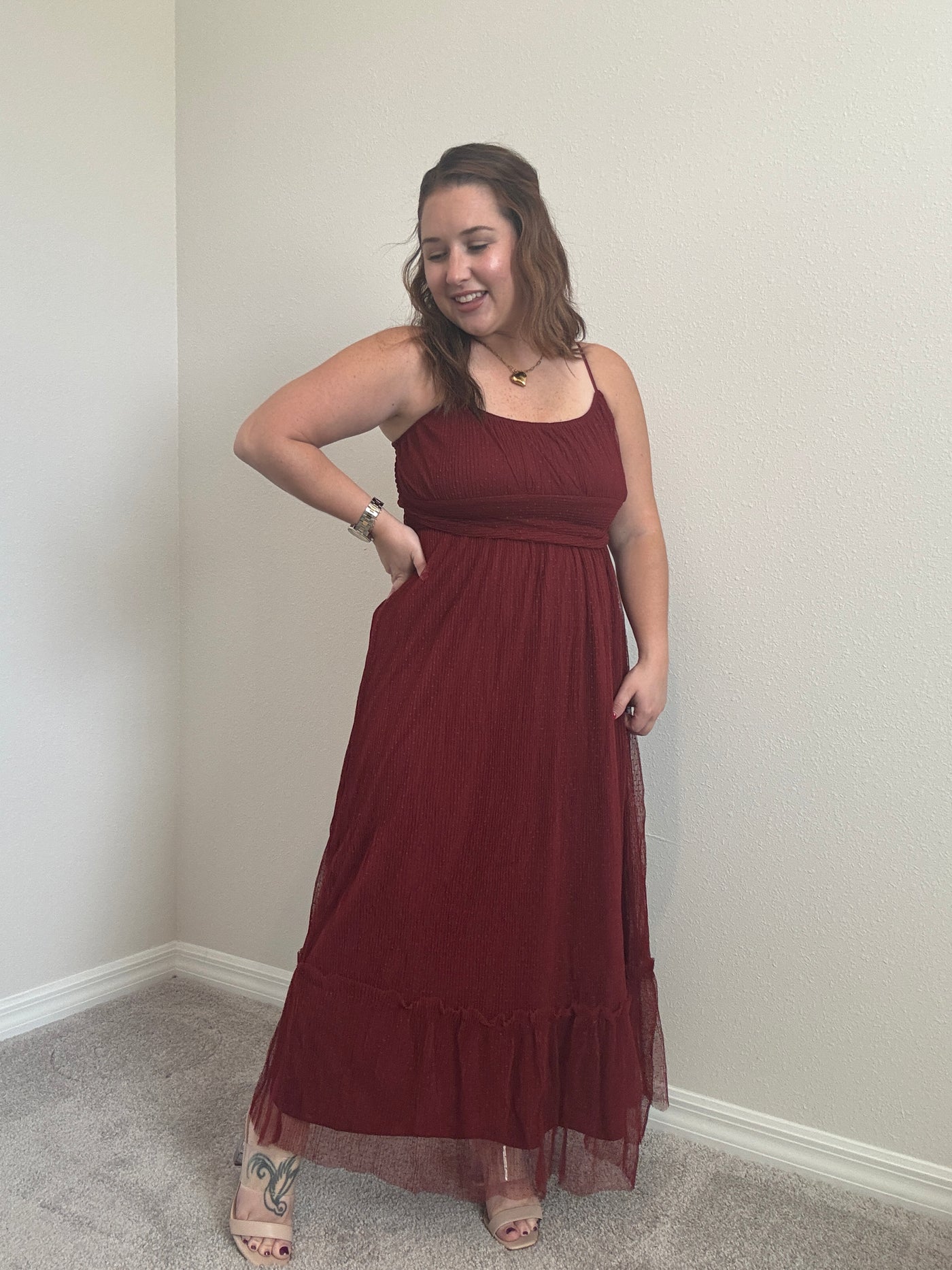 Kait Tulle Midi Dress | Burgundy
