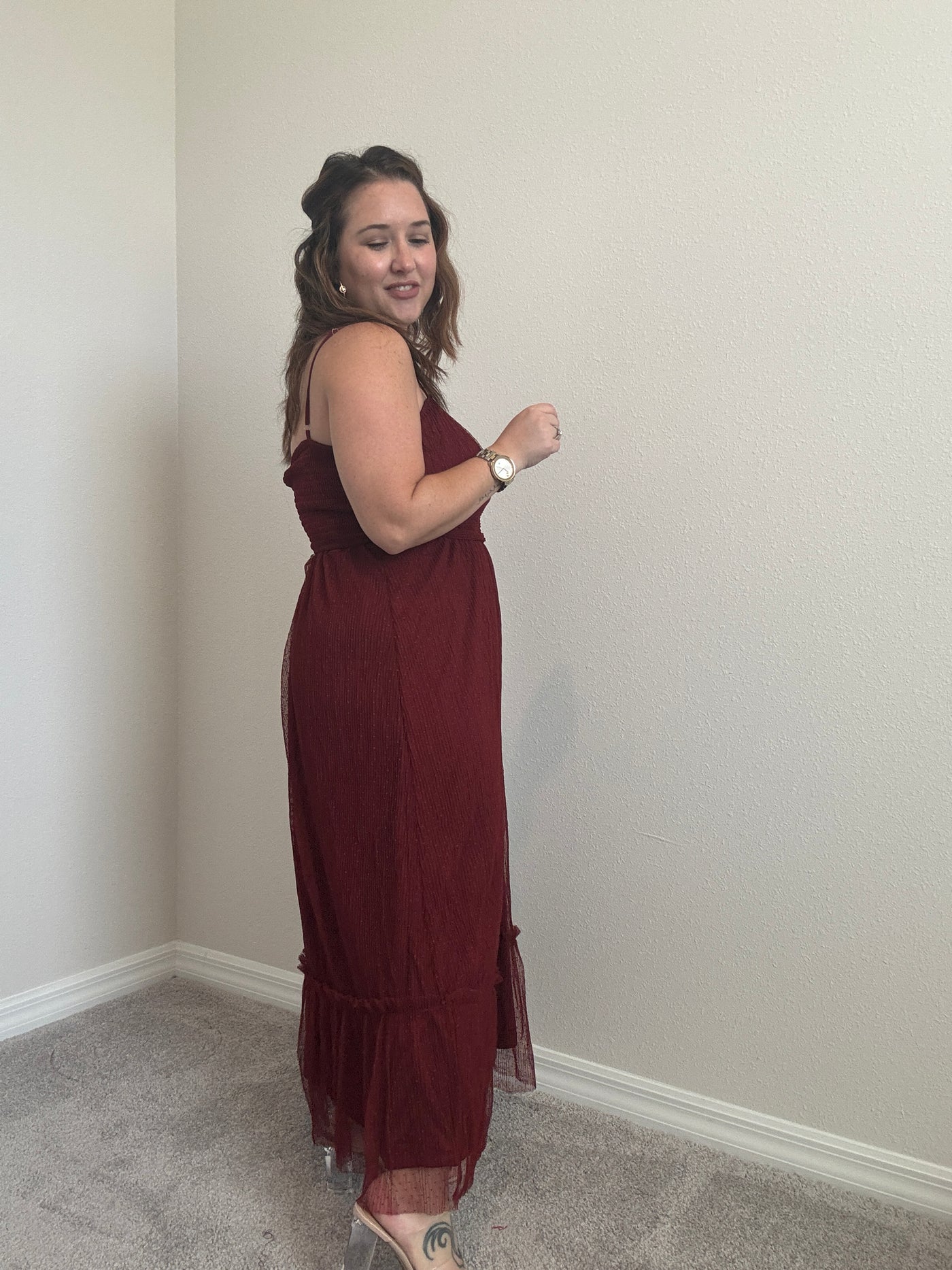 Kait Tulle Midi Dress | Burgundy