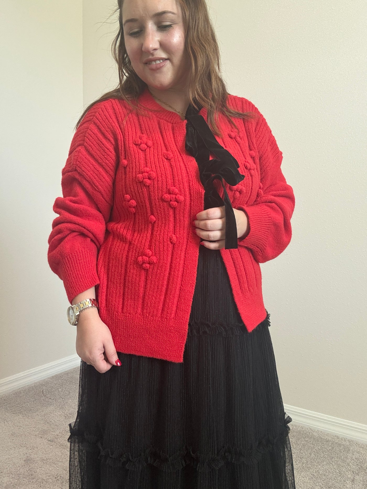 Pom Pom Bow Tie Cardigan