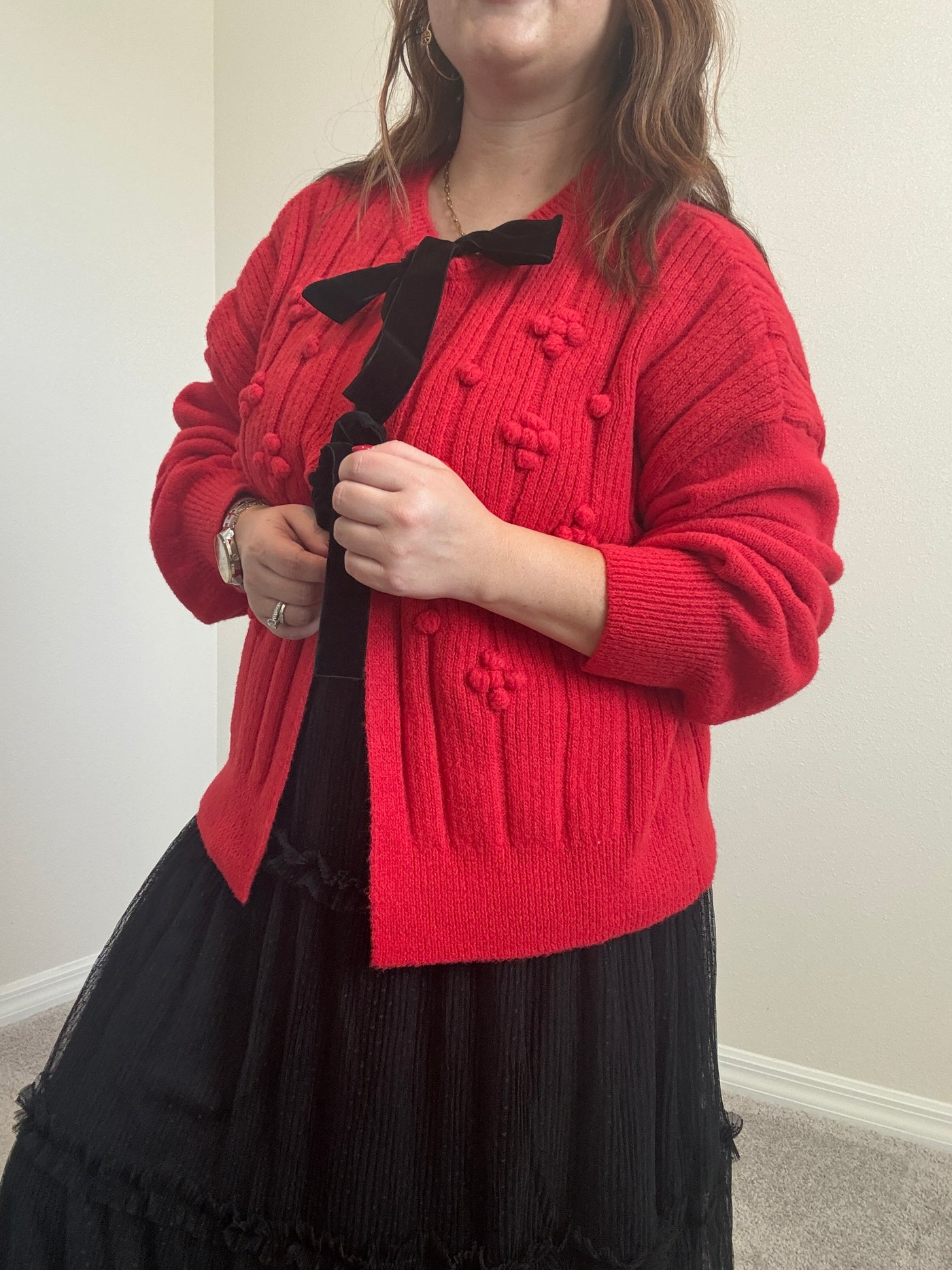 Pom Pom Bow Tie Cardigan