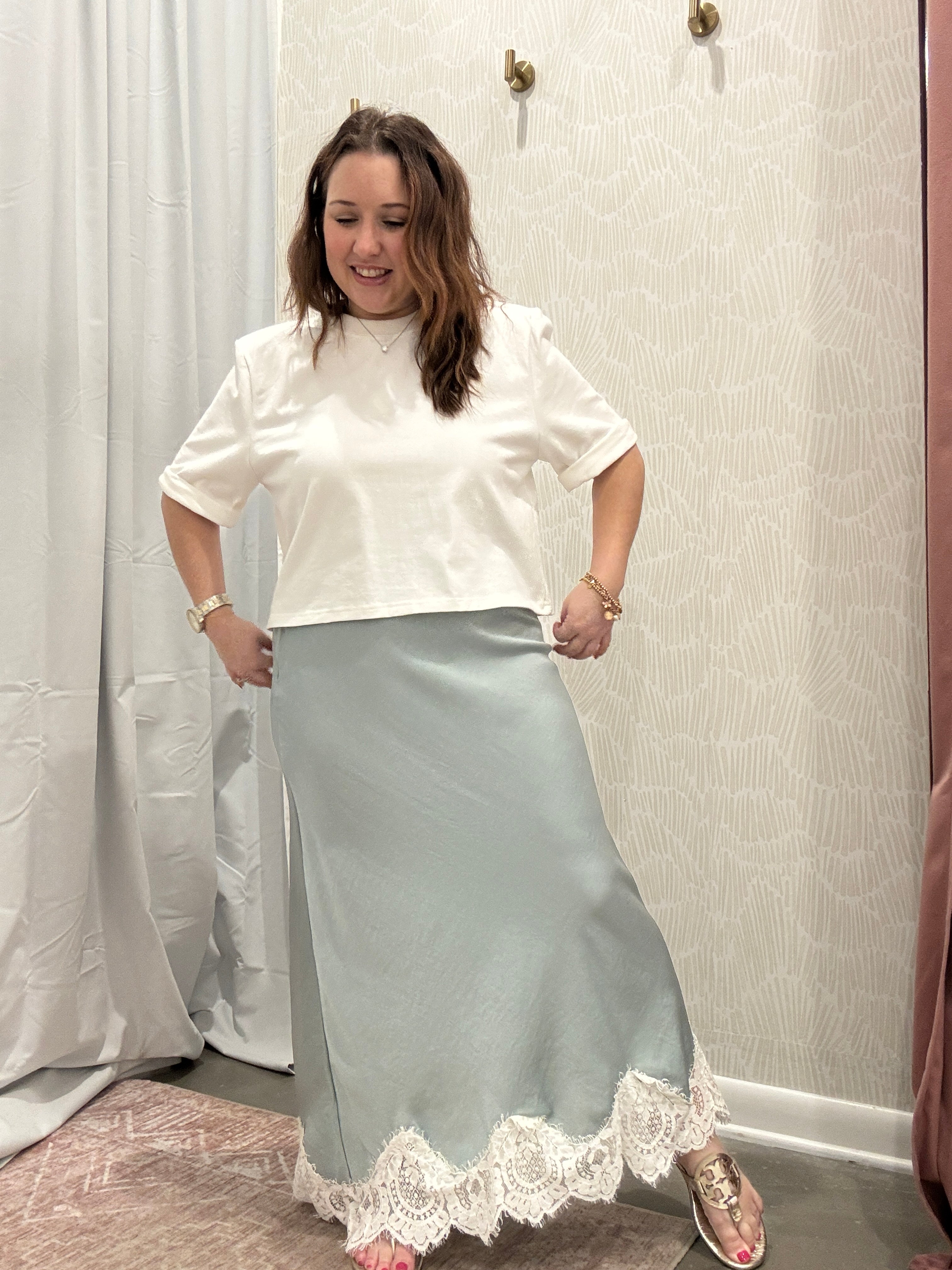 Maggie Lace Trim Satin Midi Skirt