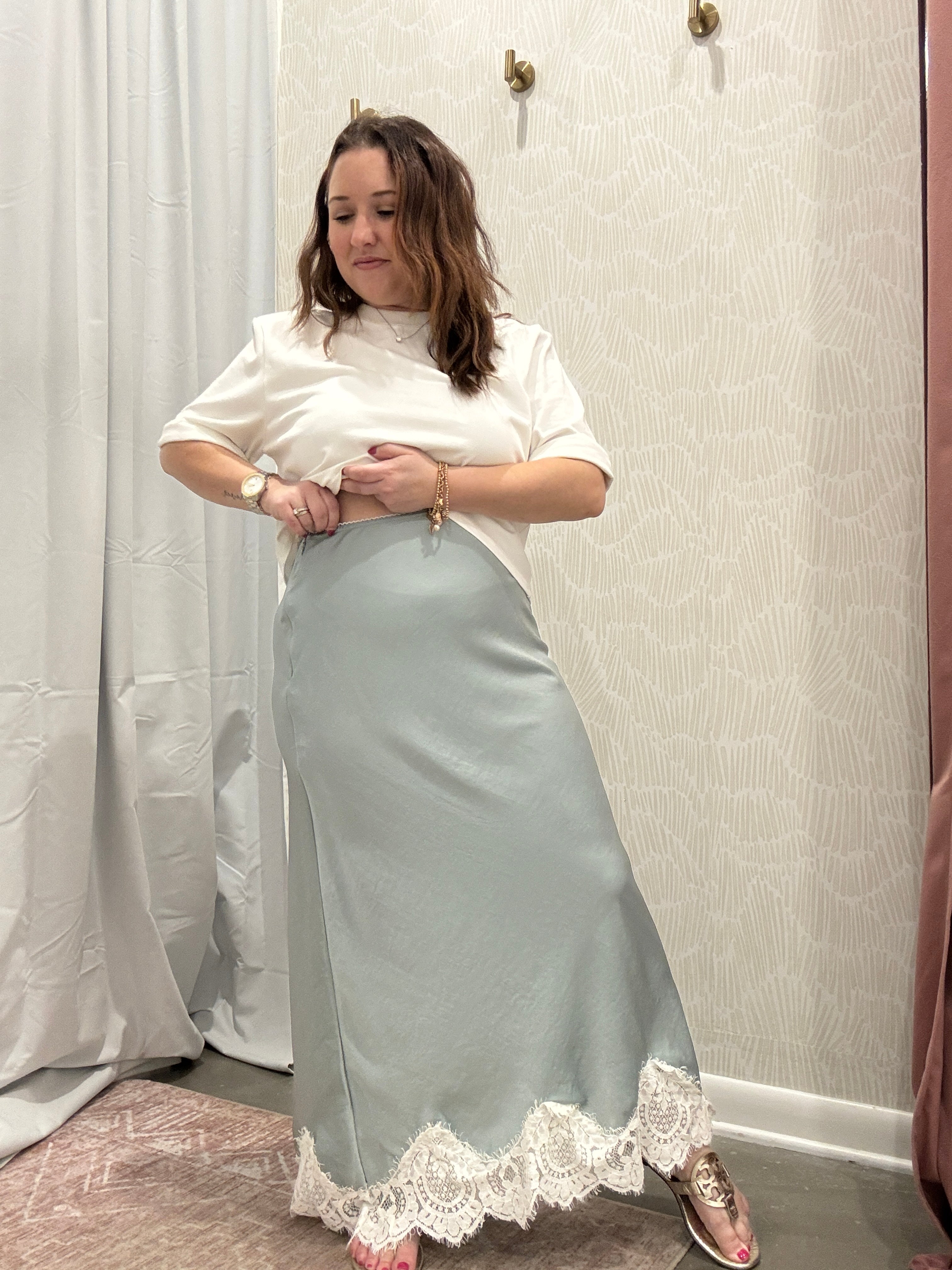 Maggie Lace Trim Satin Midi Skirt