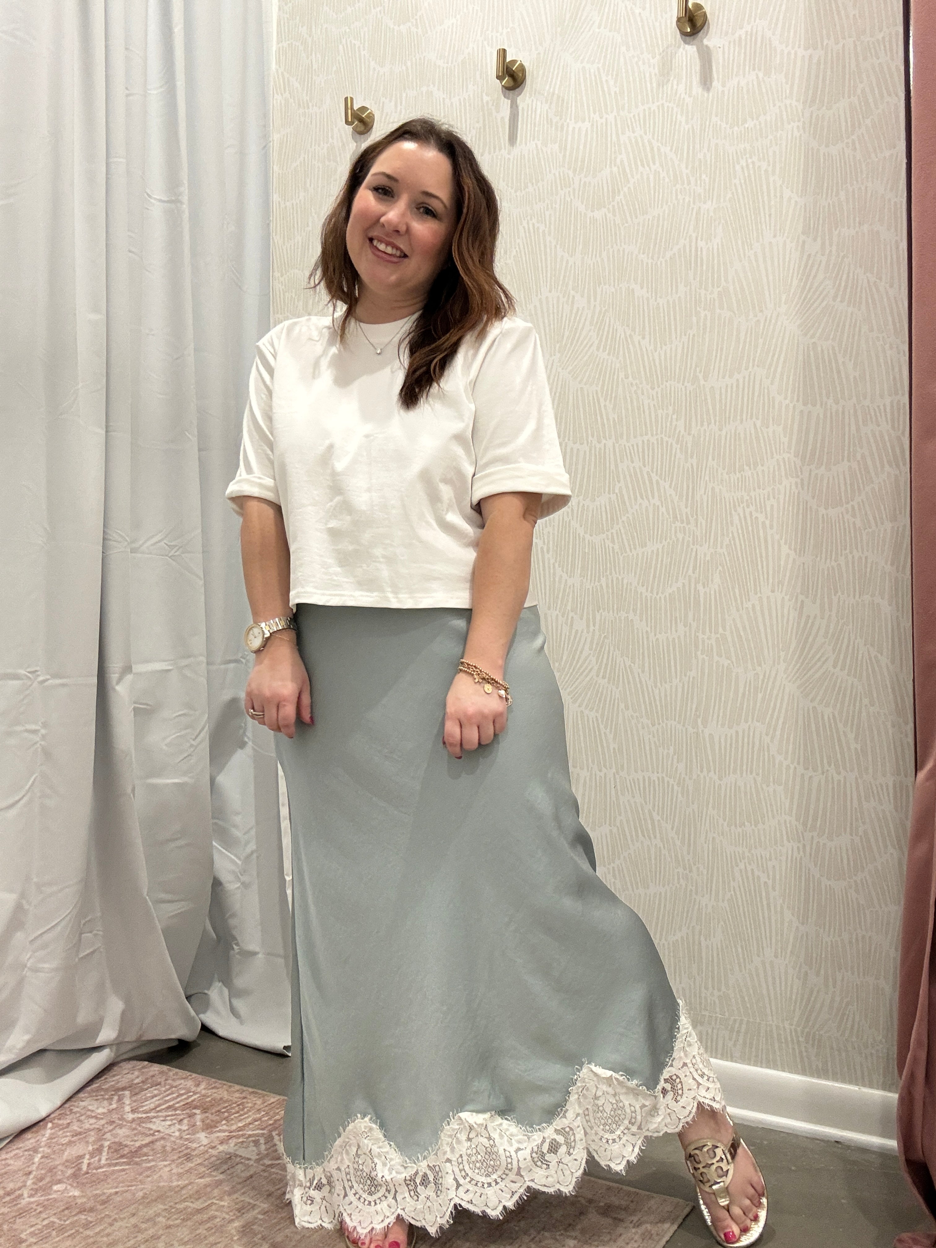 Maggie Lace Trim Satin Midi Skirt