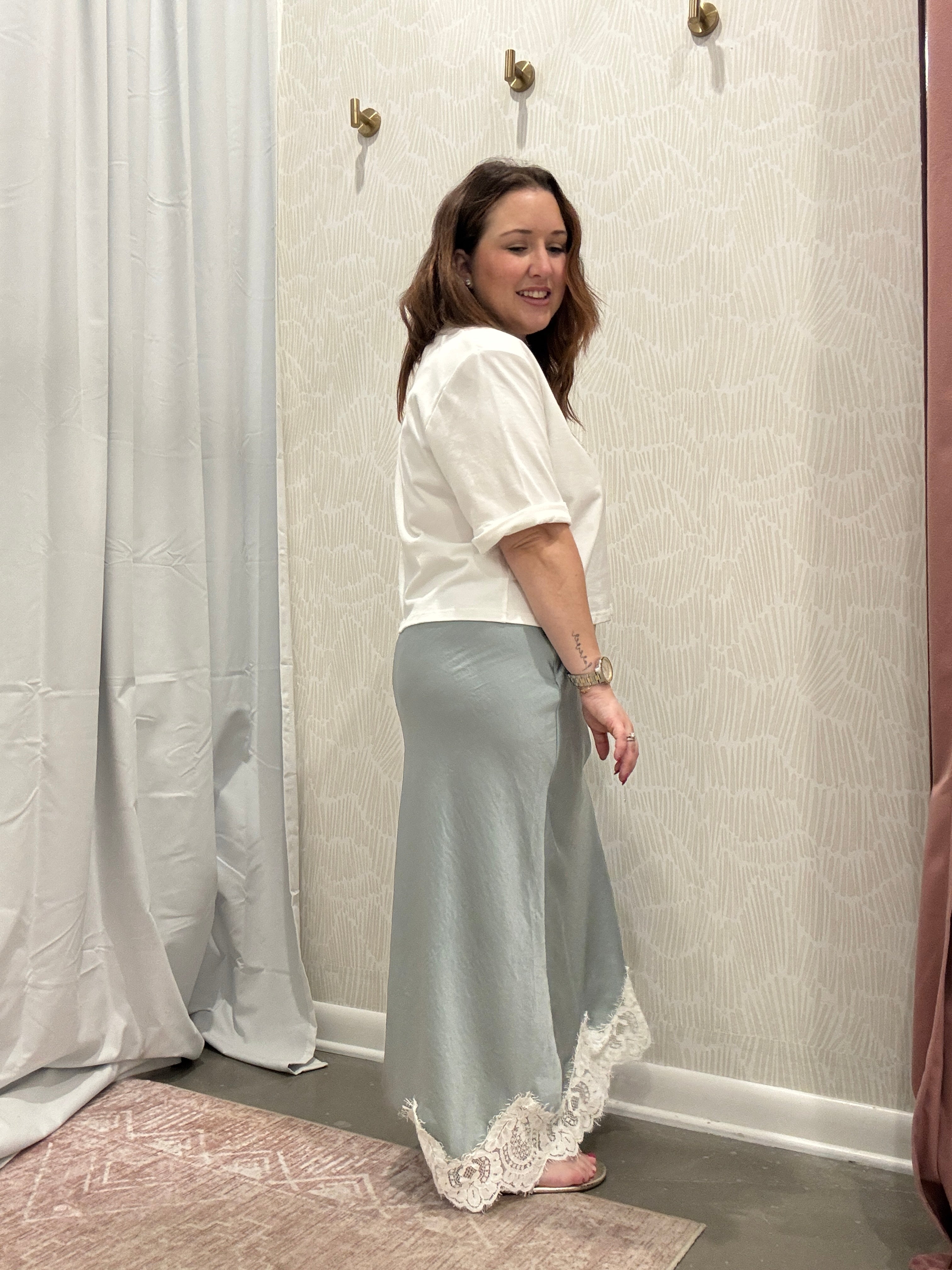 Maggie Lace Trim Satin Midi Skirt