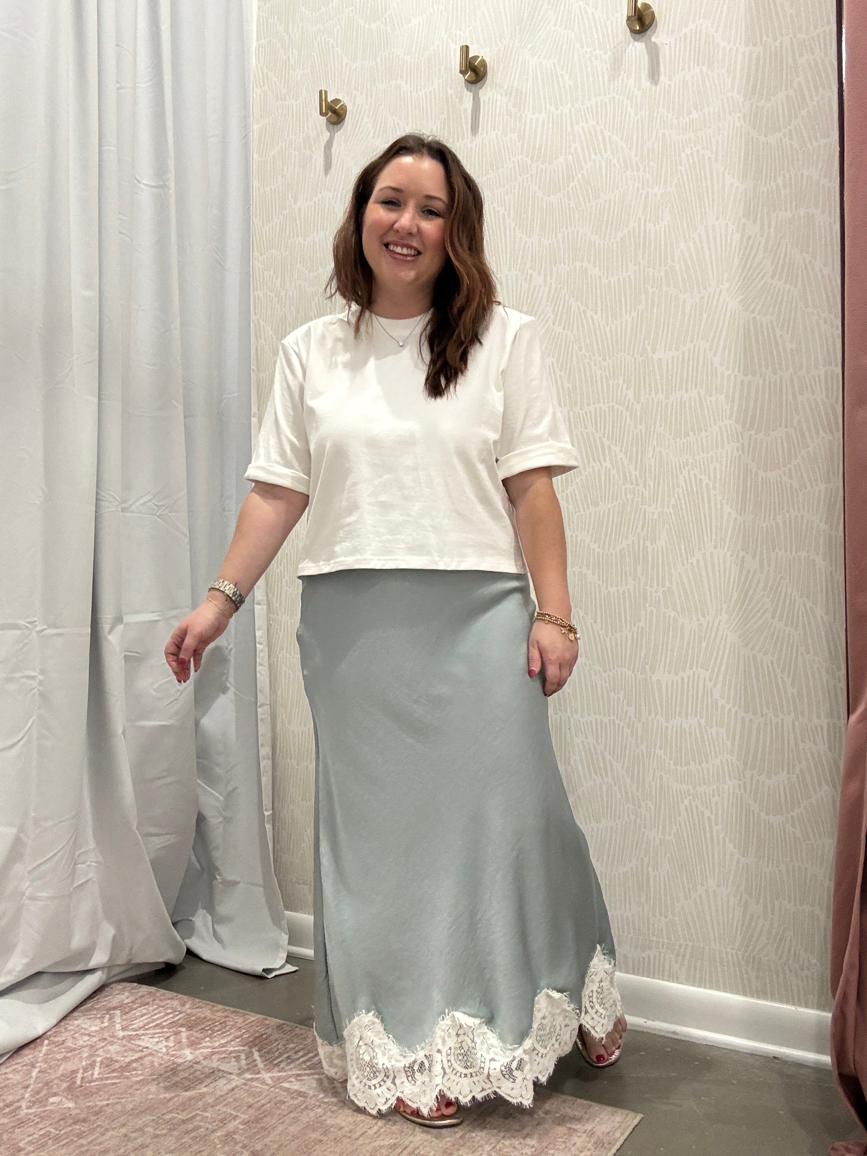 Maggie Lace Trim Satin Midi Skirt