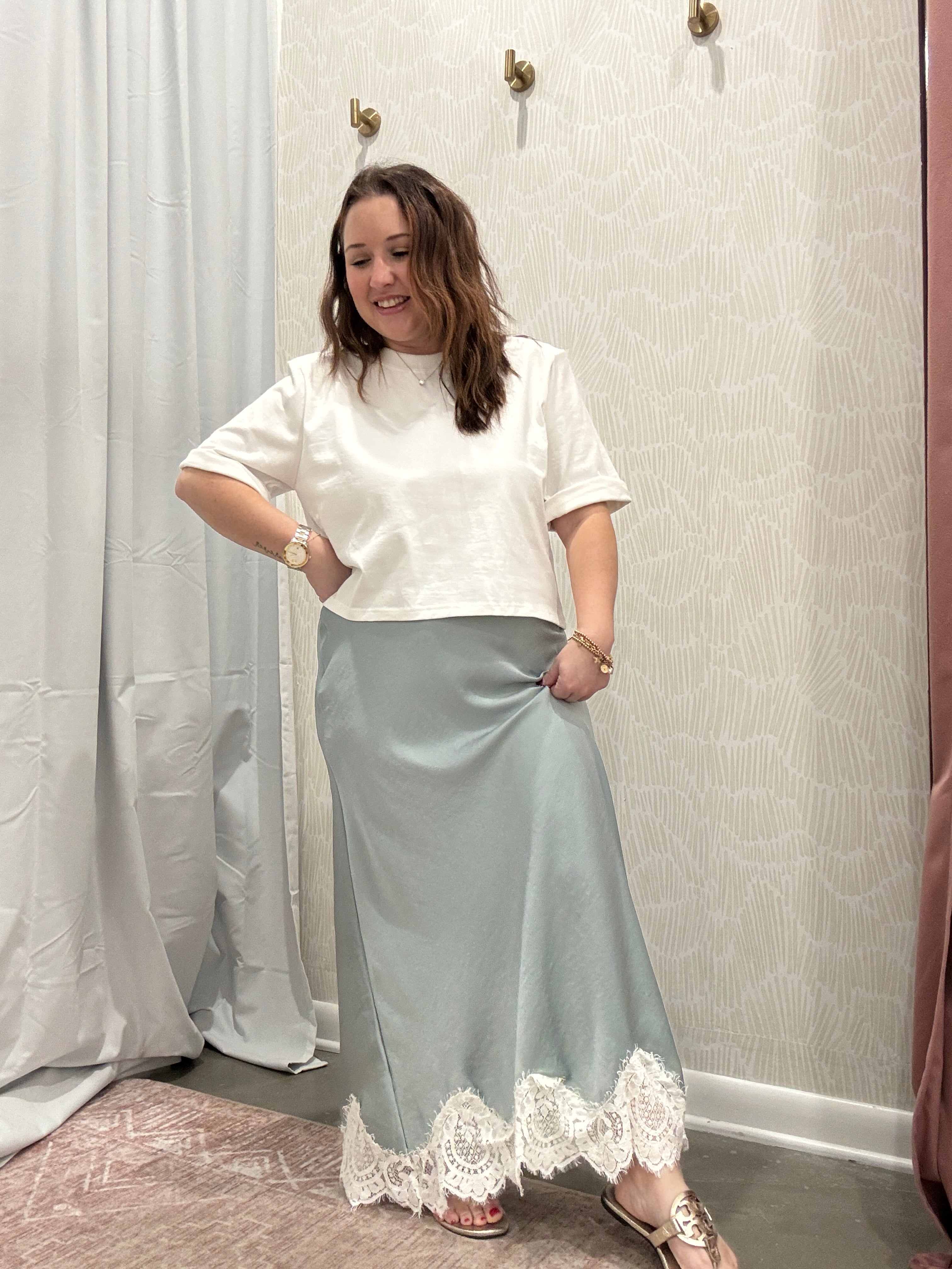Maggie Lace Trim Satin Midi Skirt