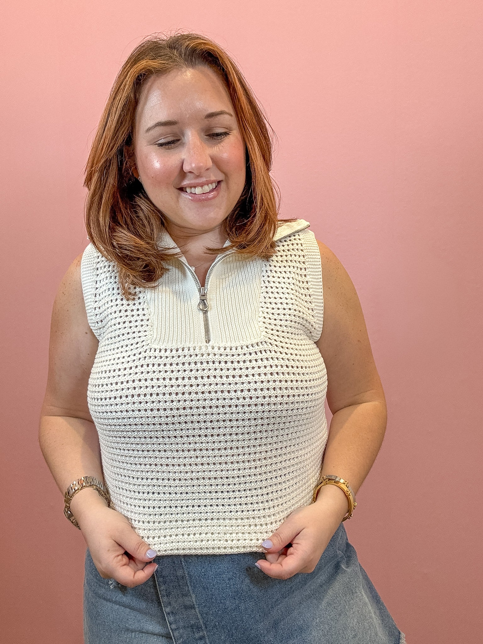 Reese Open Knit Zip Collar Top