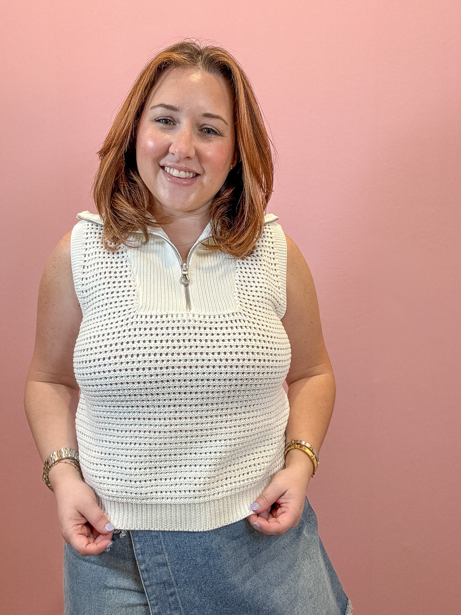 Reese Open Knit Zip Collar Top