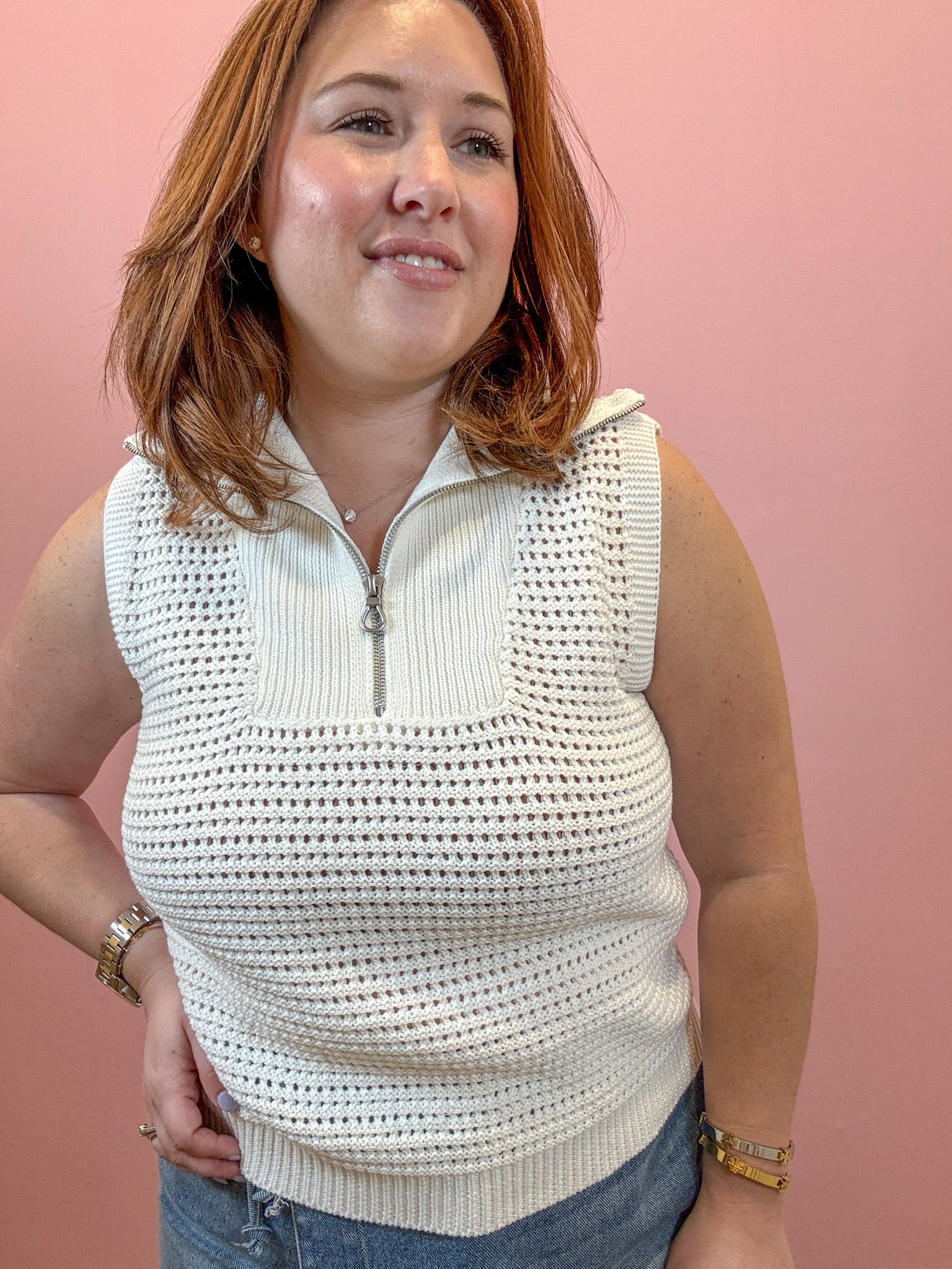 Reese Open Knit Zip Collar Top