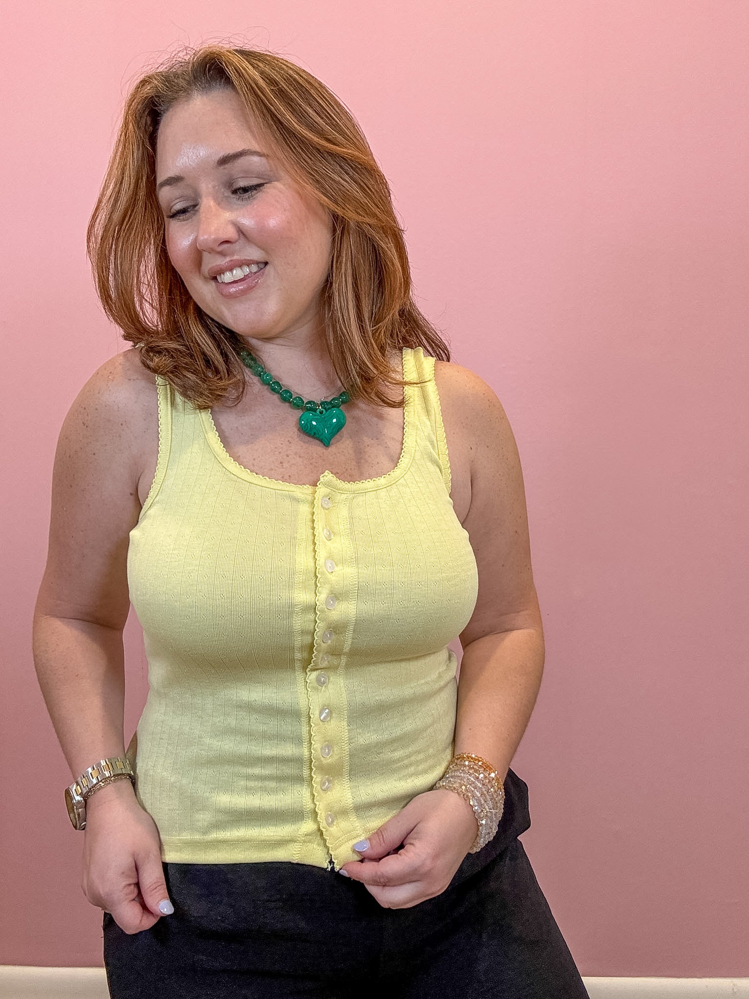 Pointelle Button Front Cami Tank | Yellow