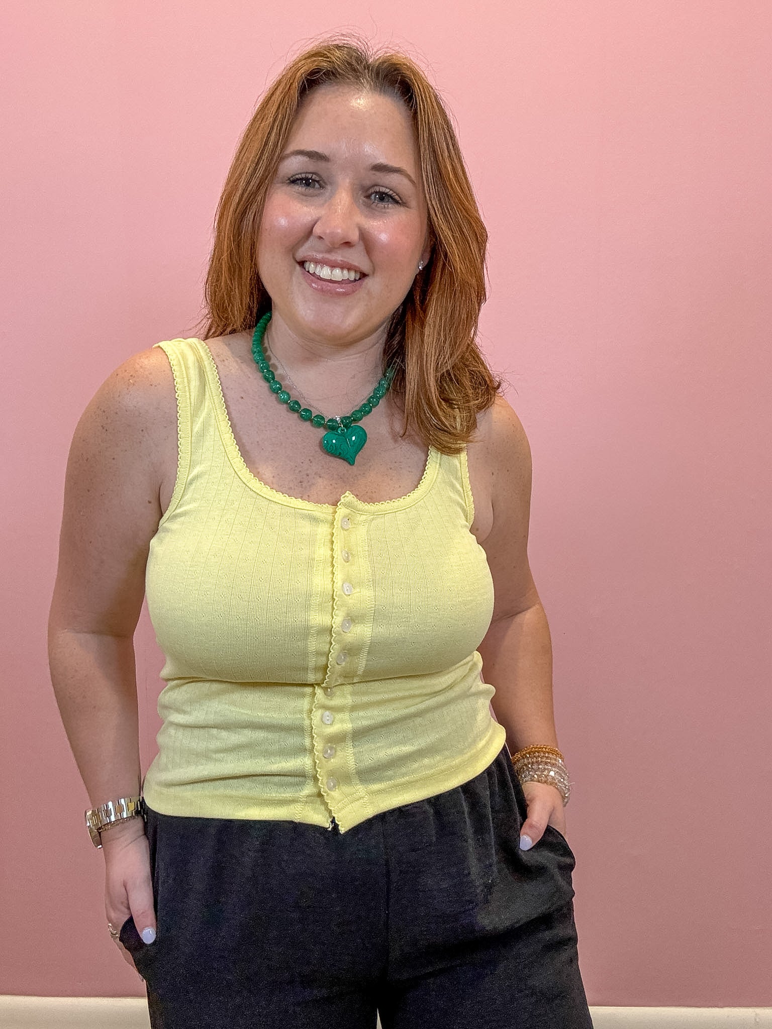 Pointelle Button Front Cami Tank | Yellow