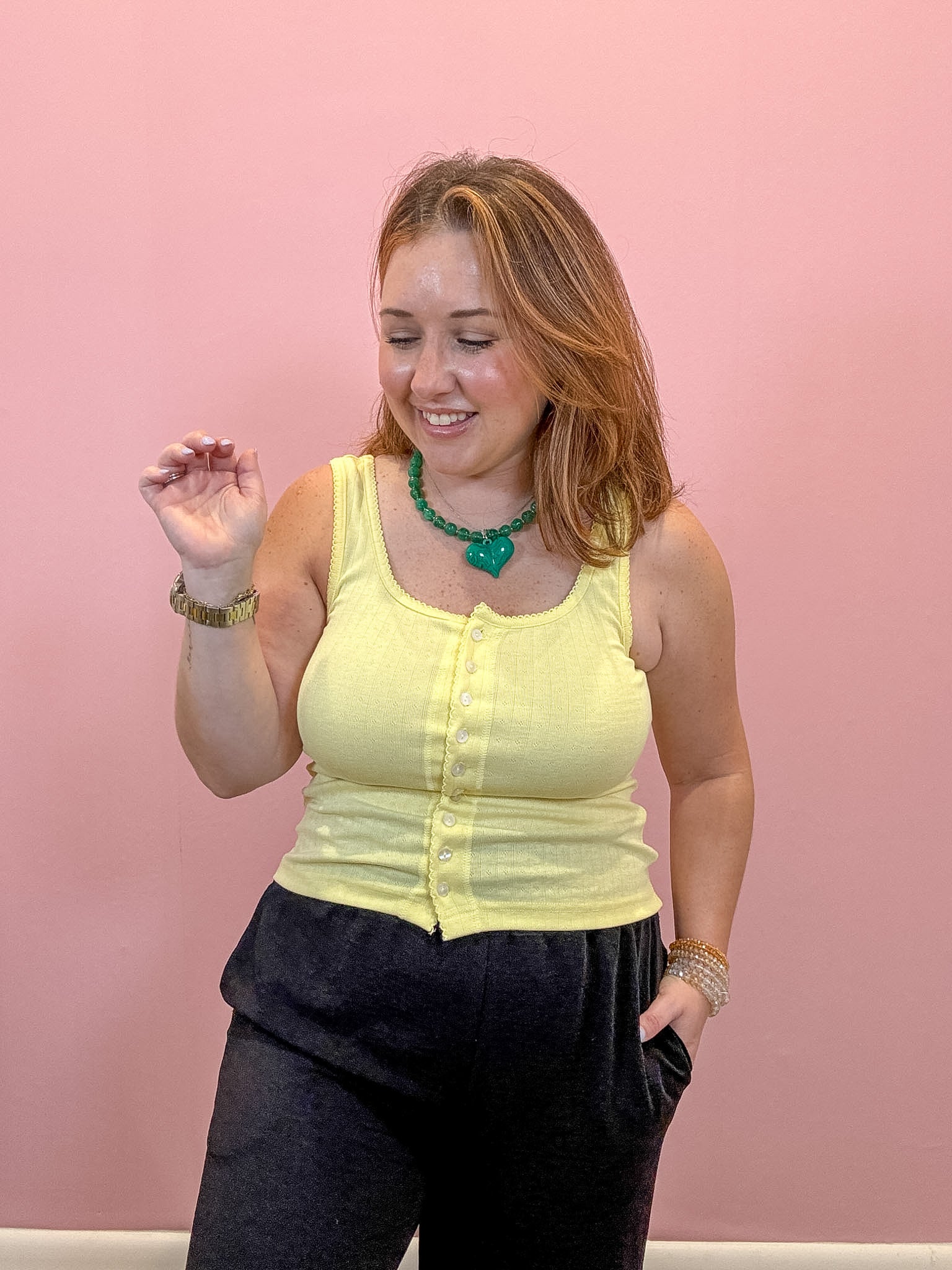 Pointelle Button Front Cami Tank | Yellow