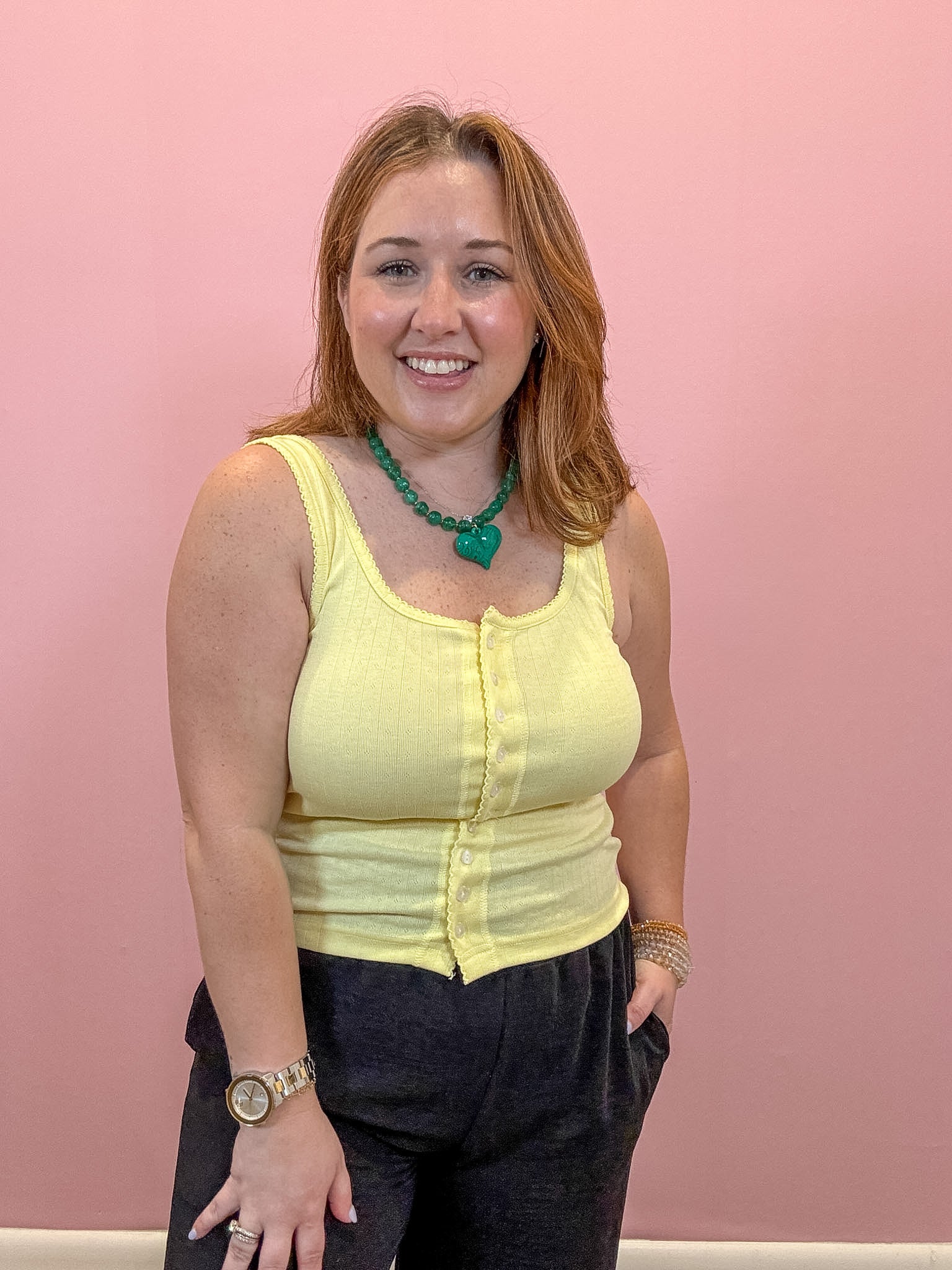 Pointelle Button Front Cami Tank | Yellow