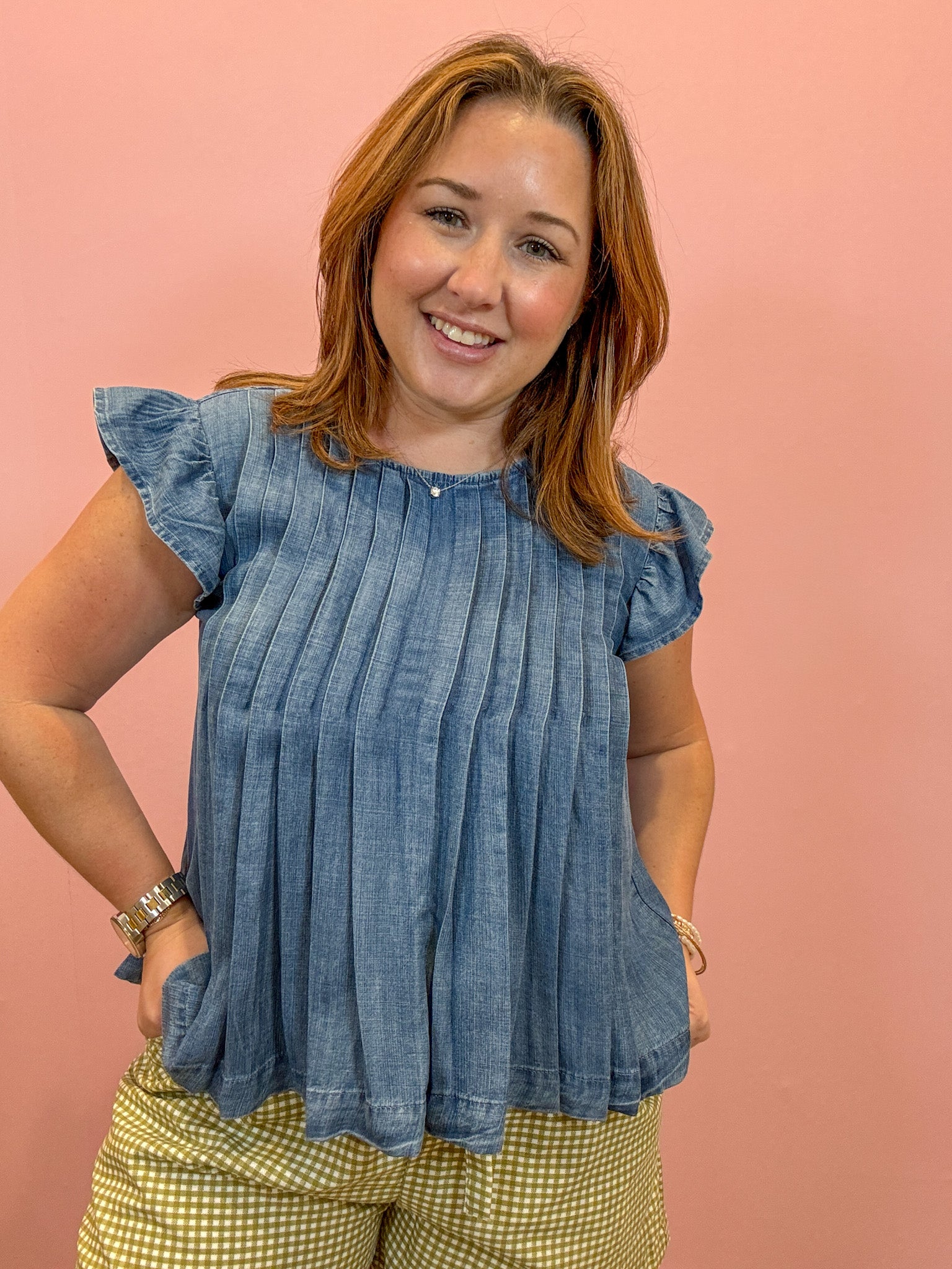 Clara Pintuck Denim Top