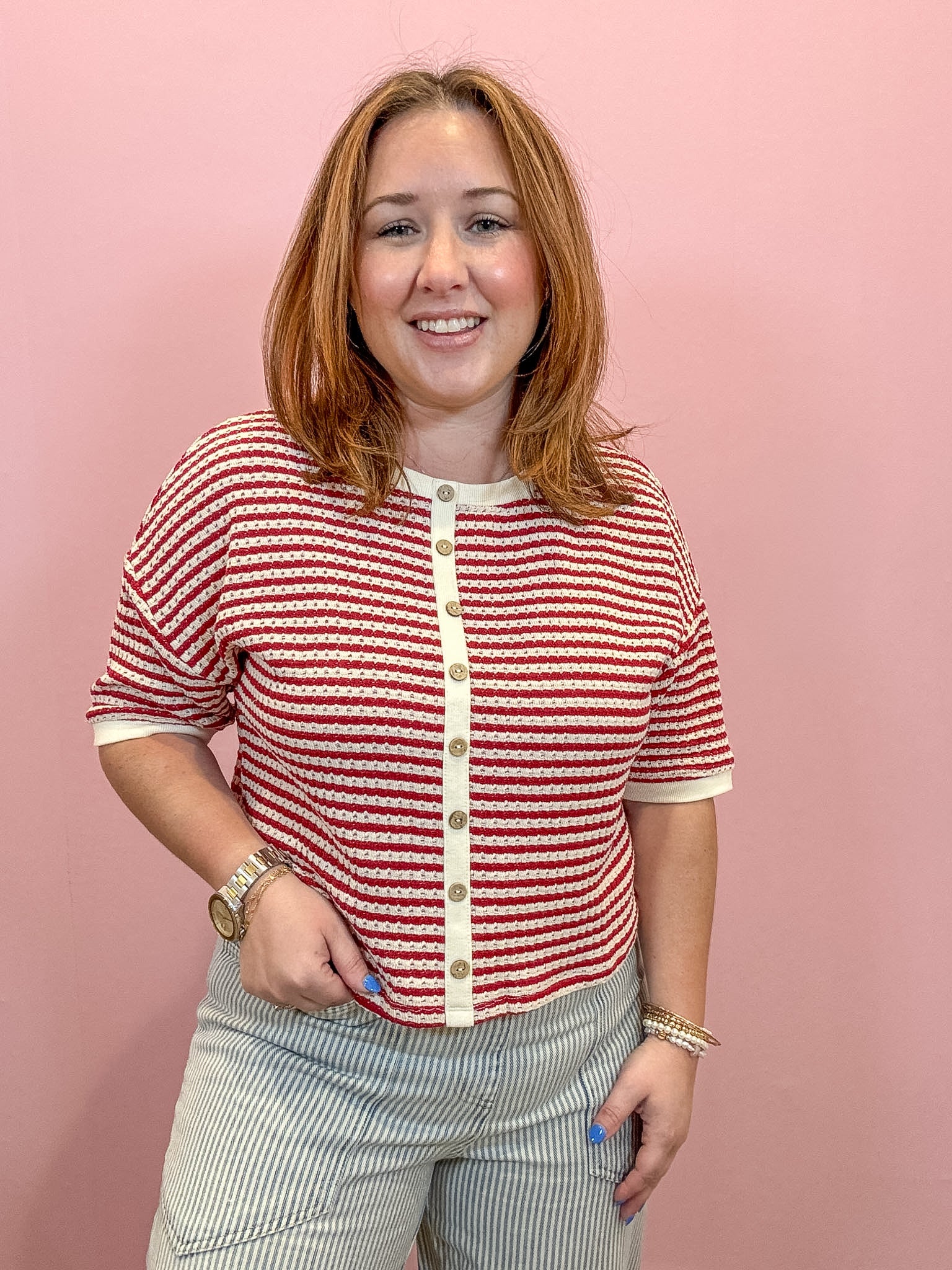 Dylan Stripe Button Down Knit Top